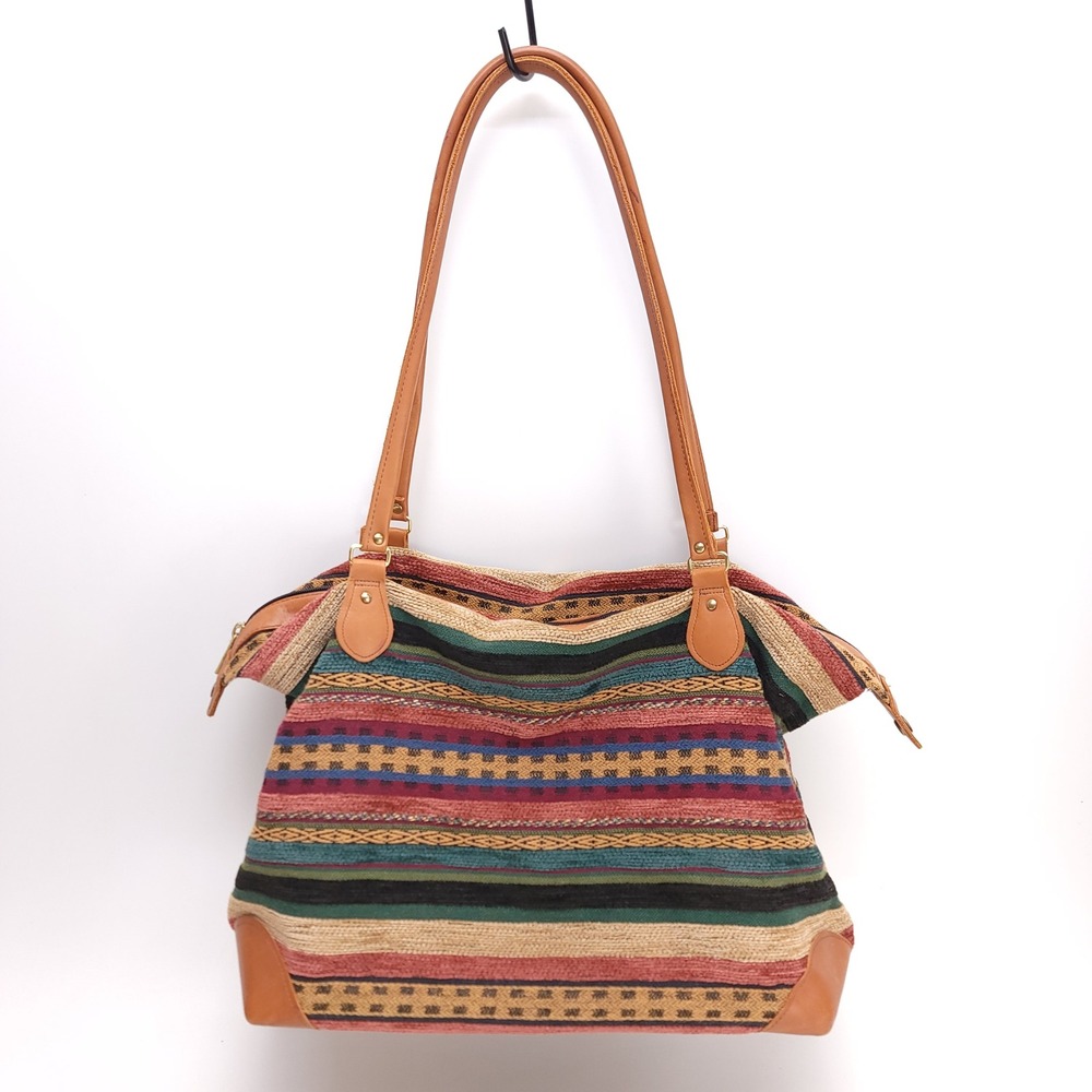 LL Bean Vintage Southwestern Tapestry Leather Trim Shoulder Bag Tote Multi Color